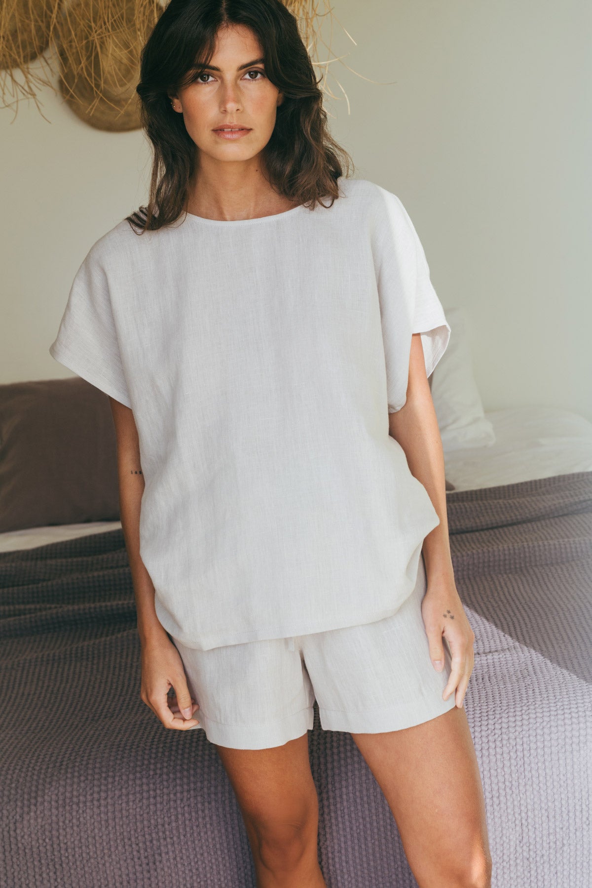Cloud Nine short sleeve linen pajama set in Cream