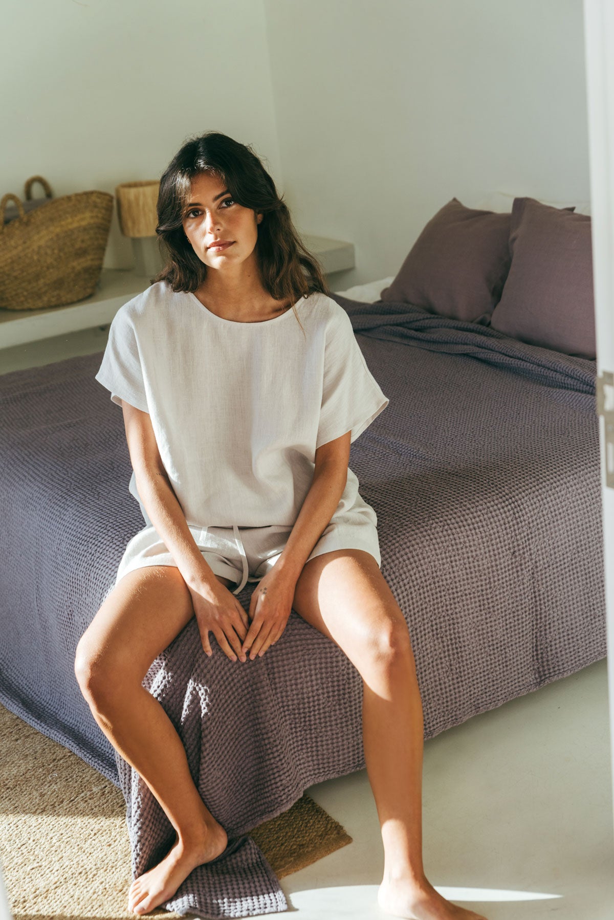 Cloud Nine short sleeve linen pajama set in Cream