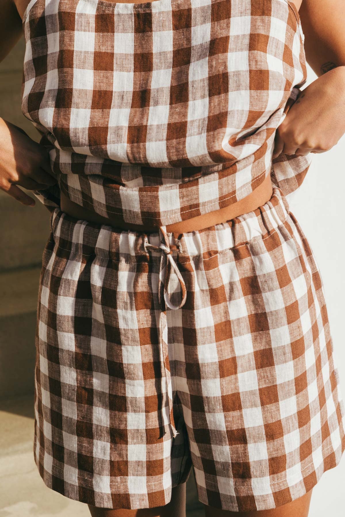 Night Owl sleeveless linen pajama set in Mocha Gingham