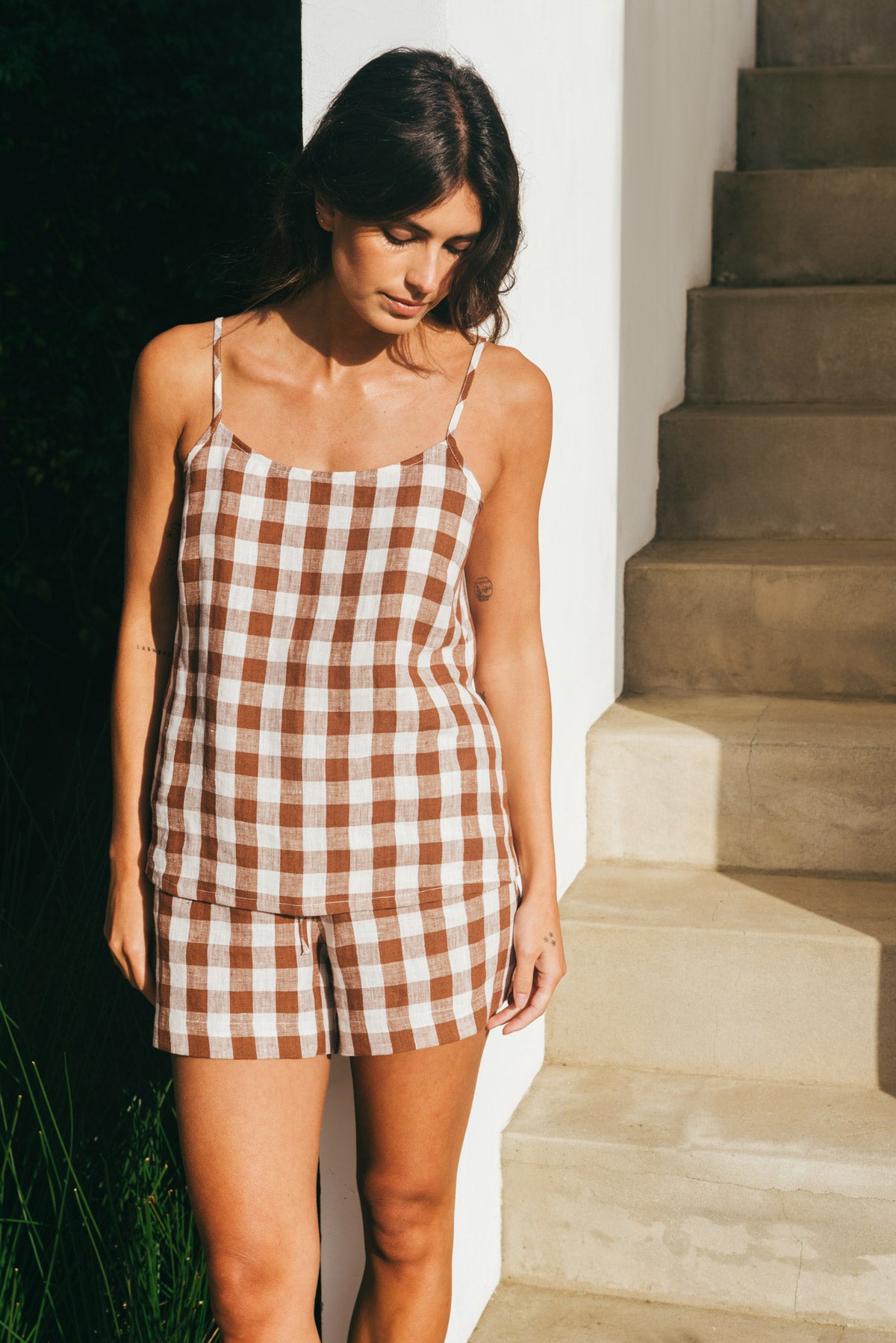 Night Owl sleeveless linen pajama set in Mocha Gingham