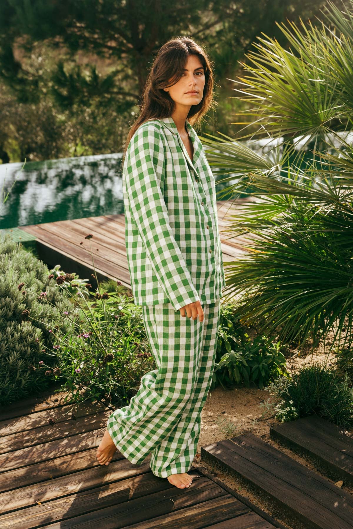 Nightly long sleeve pajama set in Green Gingham