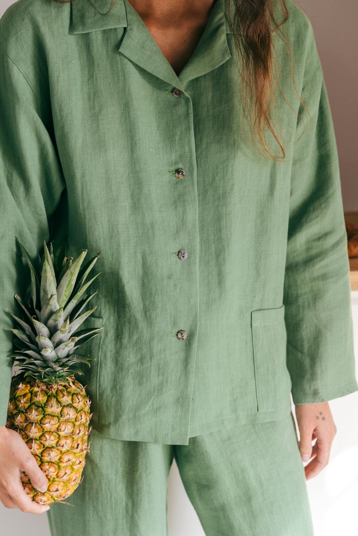 Snooze long sleeve linen pajama set in Matcha Green