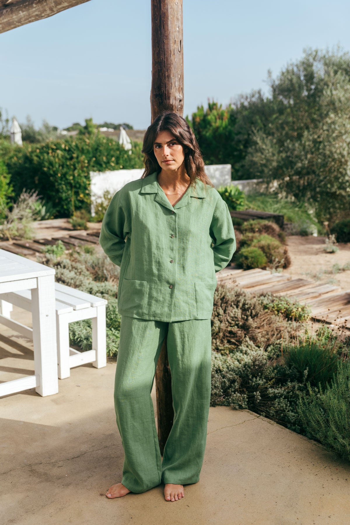 Snooze long sleeve linen pajama set in Matcha Green