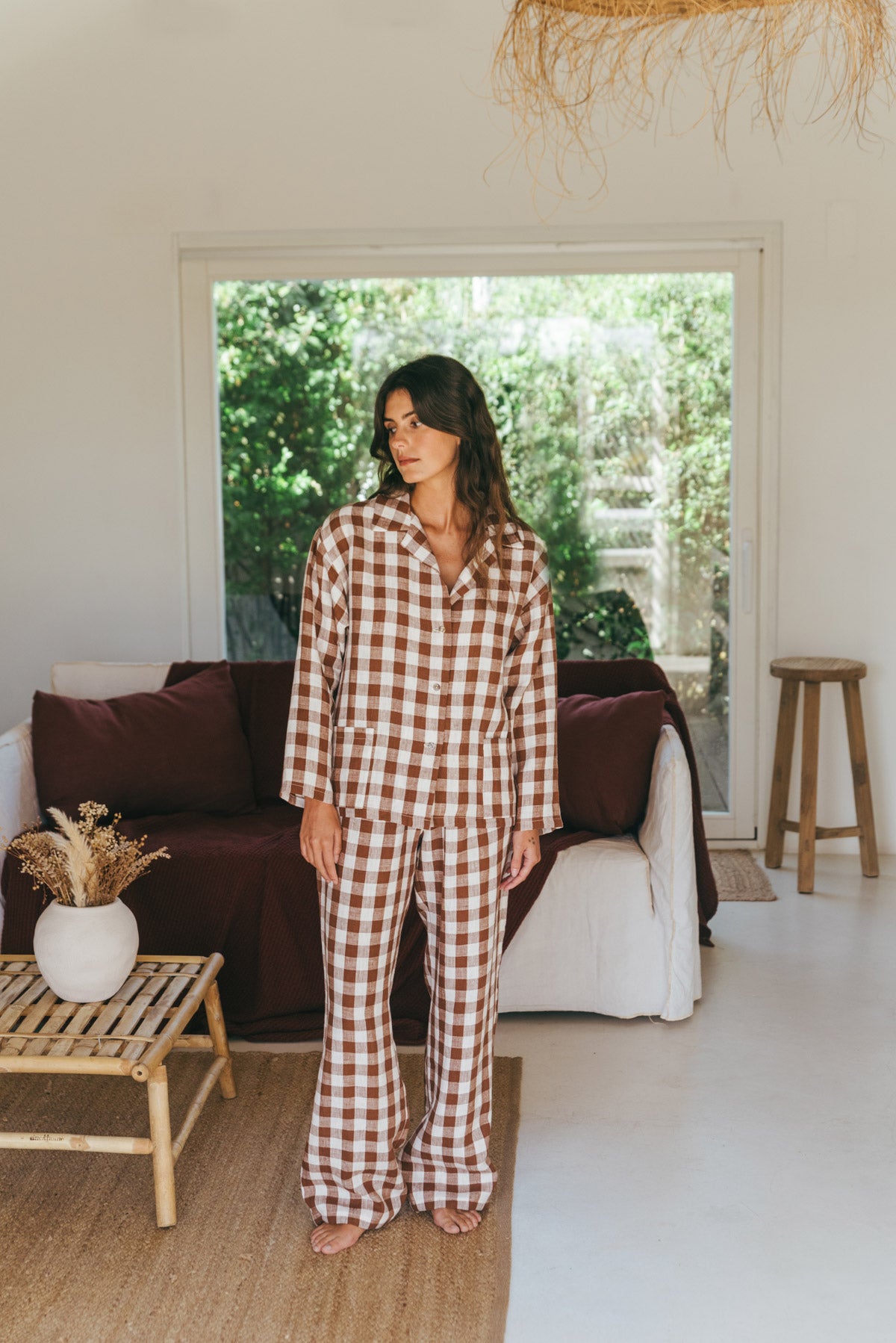 Snooze long sleeve linen pajama set in Mocha Gingham