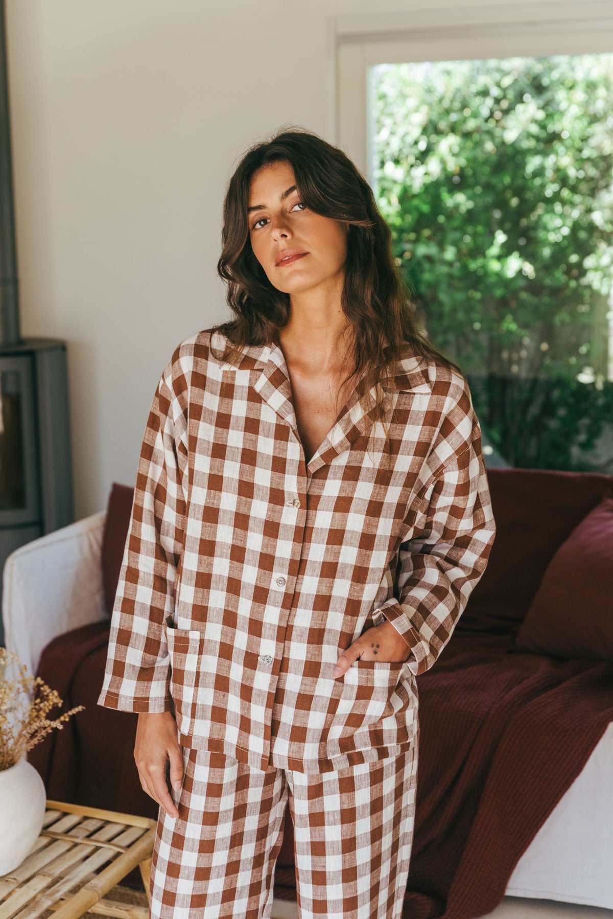 Snooze long sleeve linen pajama set in Mocha Gingham