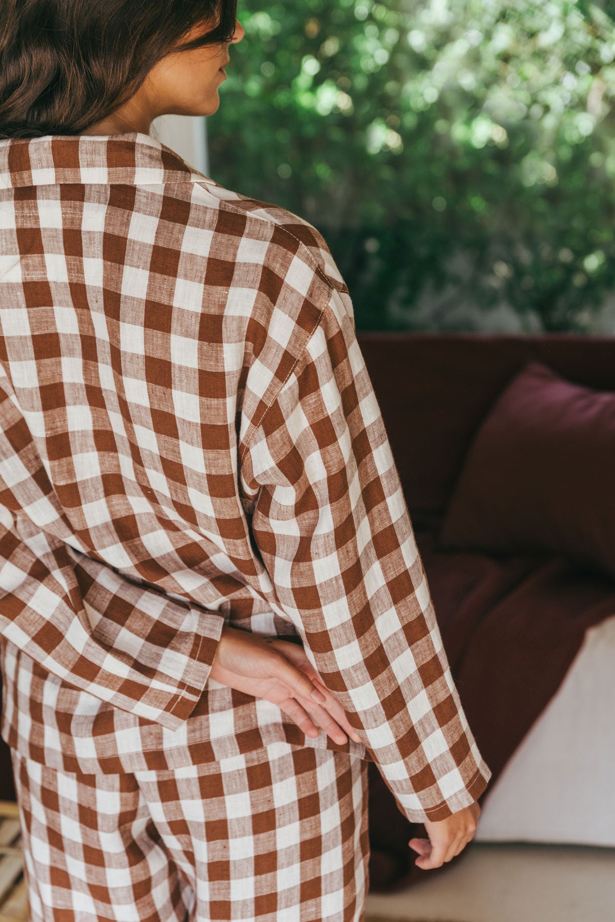 Snooze long sleeve linen pajama set in Mocha Gingham