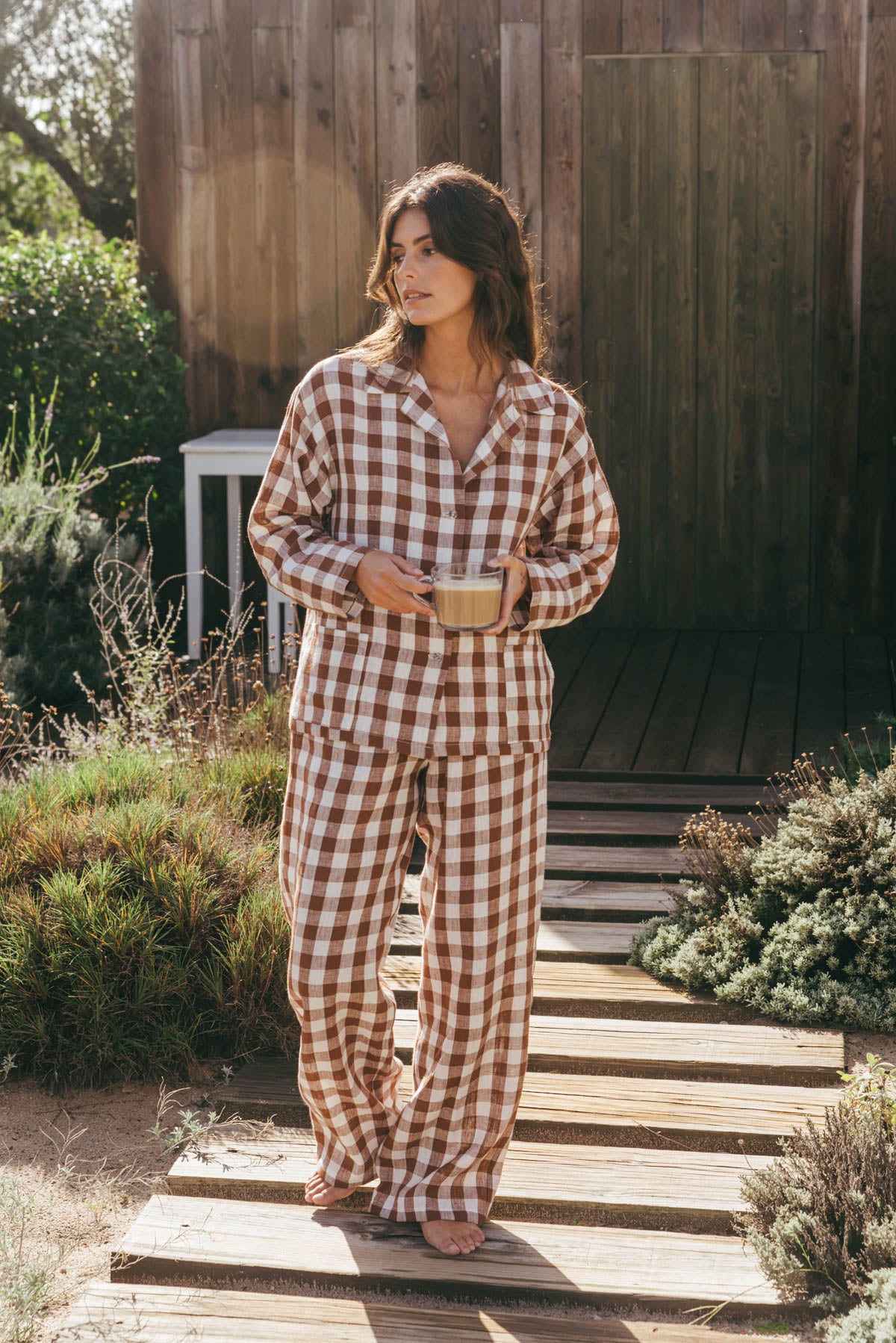 Snooze long sleeve linen pajama set in Mocha Gingham