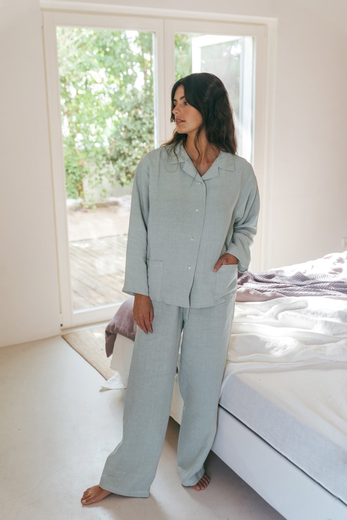 Snooze long sleeve linen pajama set in Sage Green