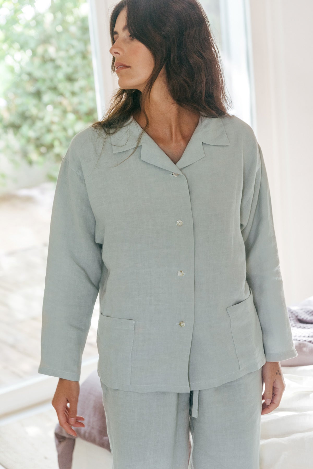 Snooze long sleeve linen pajama set in Sage Green