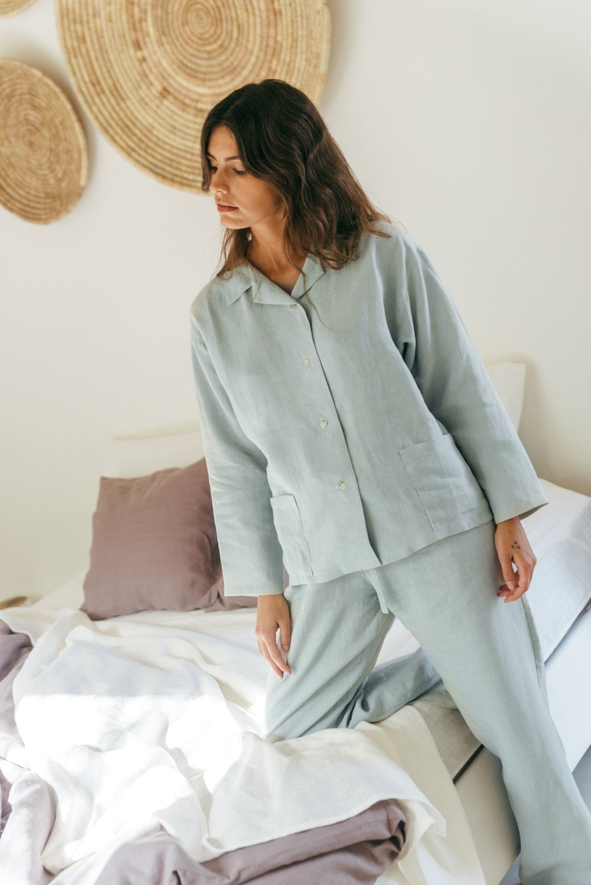 Snooze long sleeve linen pajama set in Sage Green