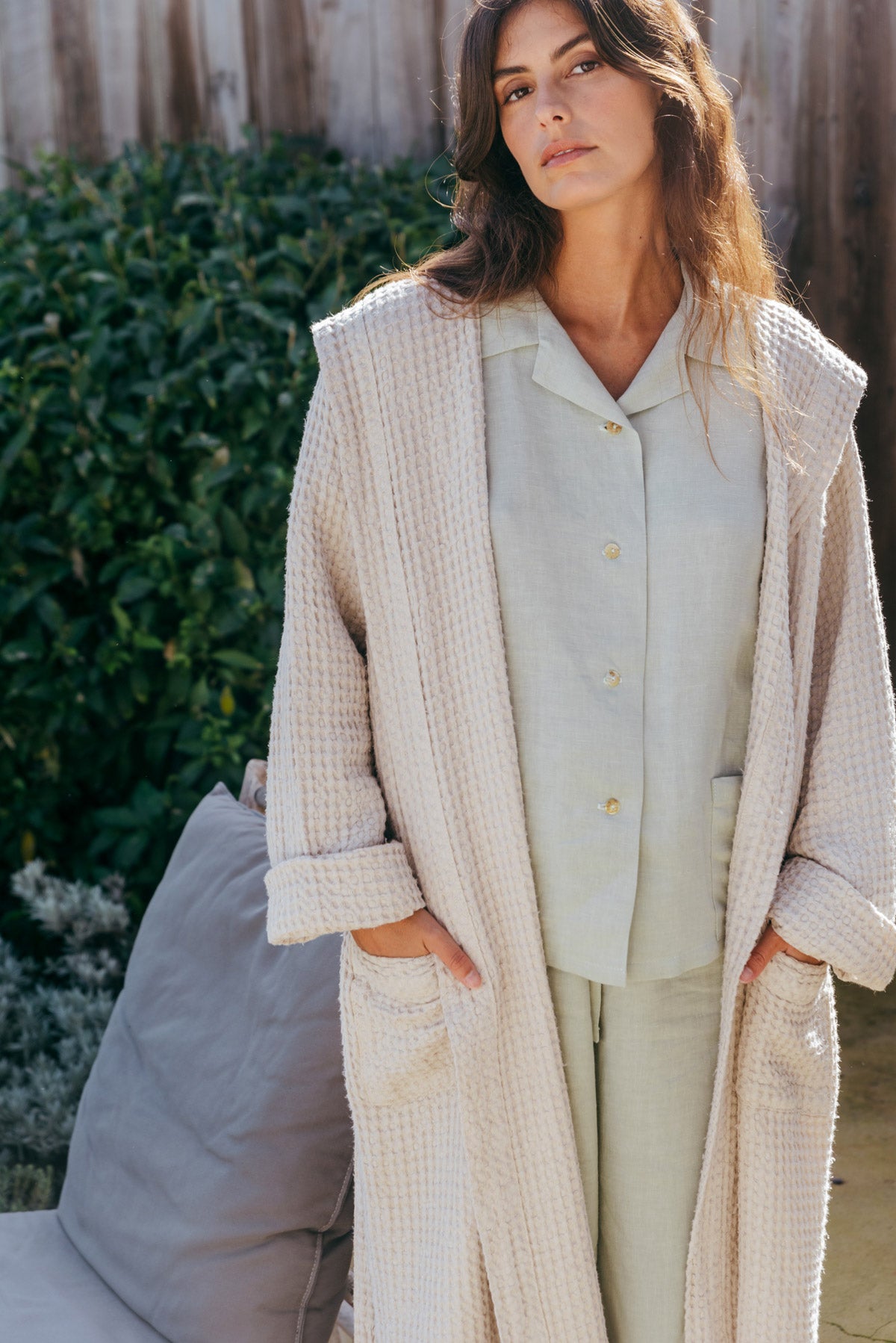 Snuggle linen waffle bathrobe in Cream