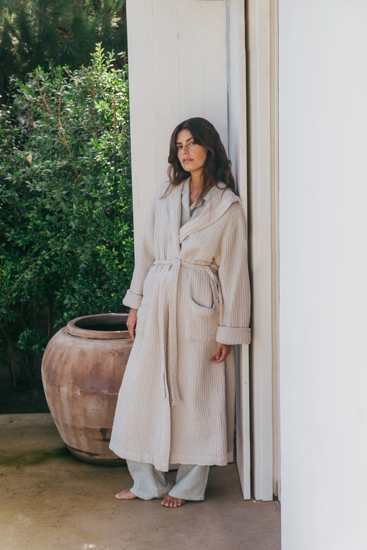 Snuggle linen waffle bathrobe in Cream