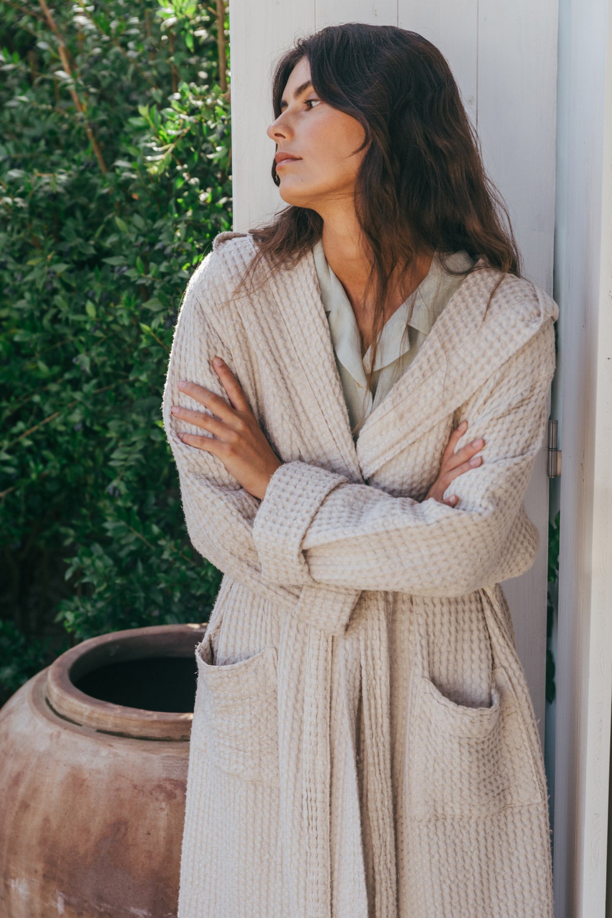 Snuggle linen waffle bathrobe in Cream