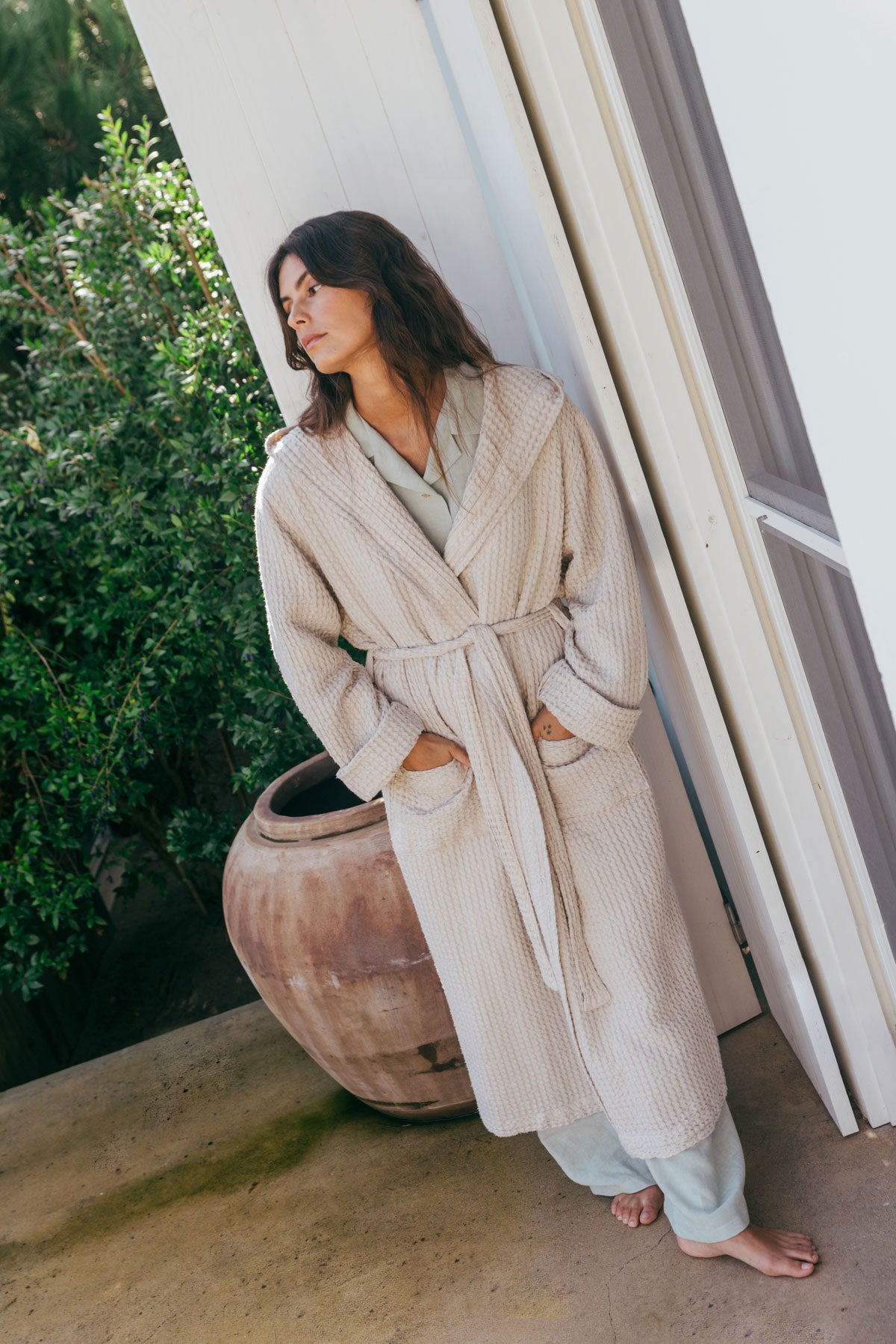 Snuggle linen waffle bathrobe in Cream