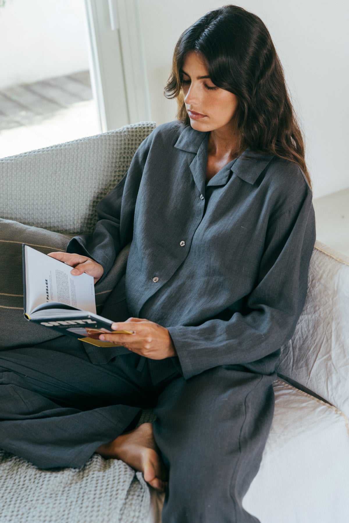 Snooze long sleeve linen pajama set in Charcoal