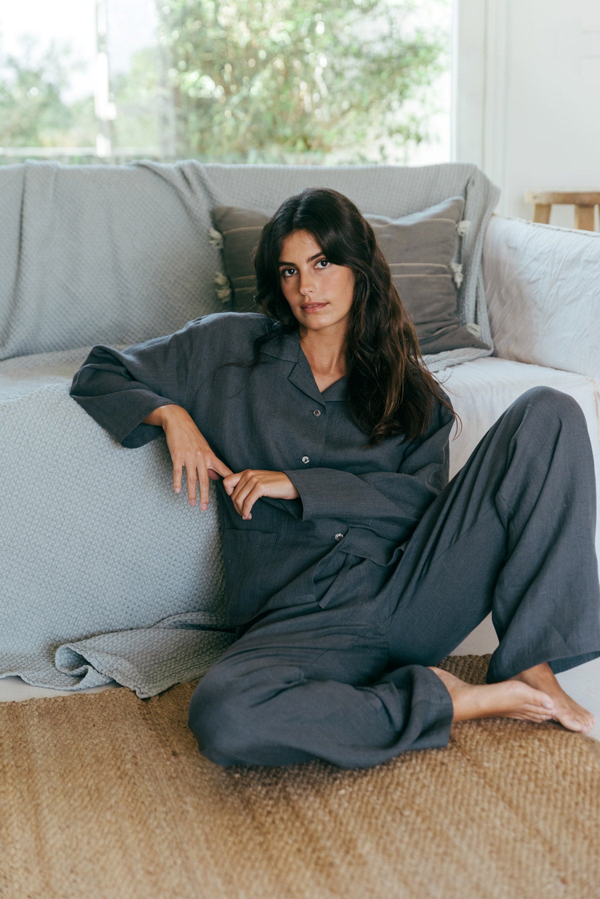 Snooze long sleeve linen pajama set in Charcoal