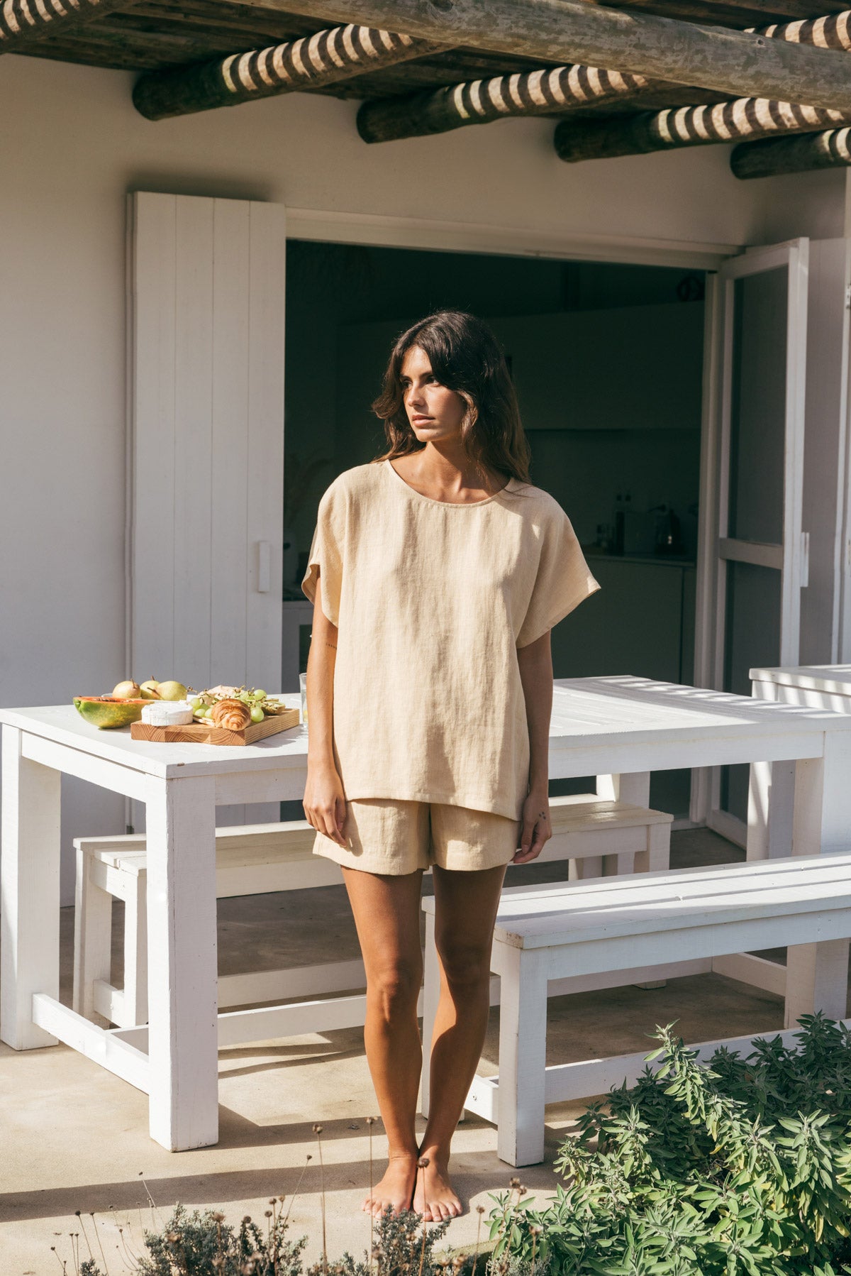 Cloud Nine short sleeve linen pajama set in Mustard