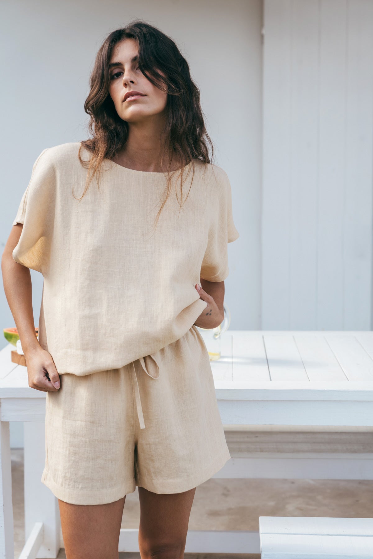 Cloud Nine short sleeve linen pajama set in Mustard