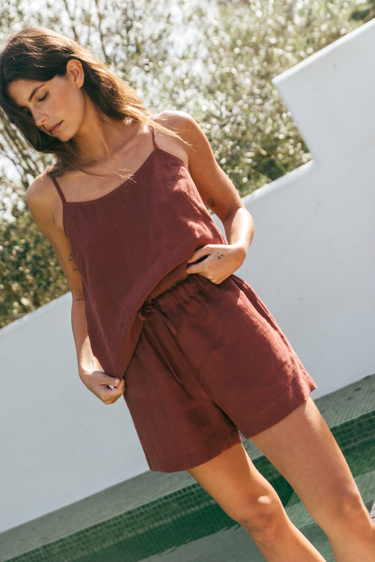 Night Owl sleeveless linen pajama set in Terracotta