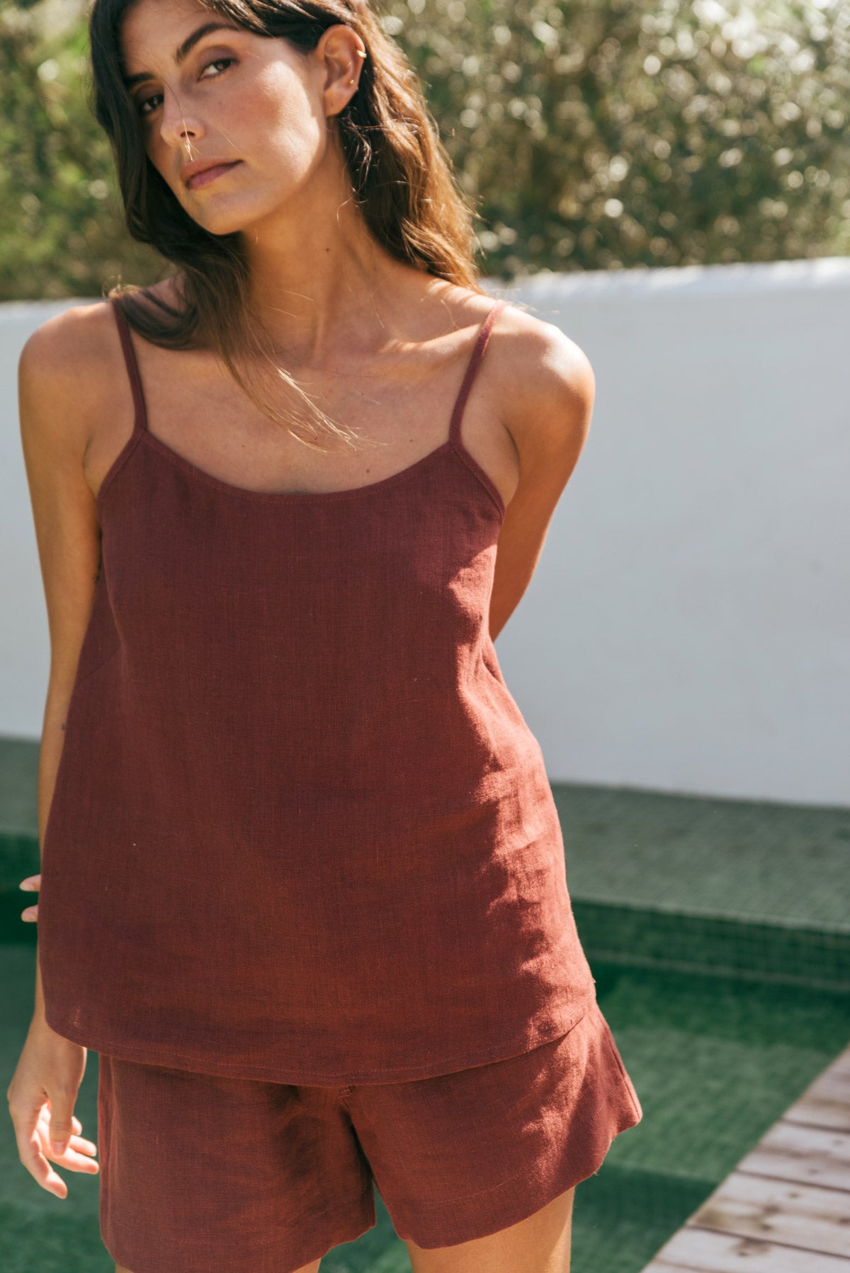 Night Owl sleeveless linen pajama set in Terracotta