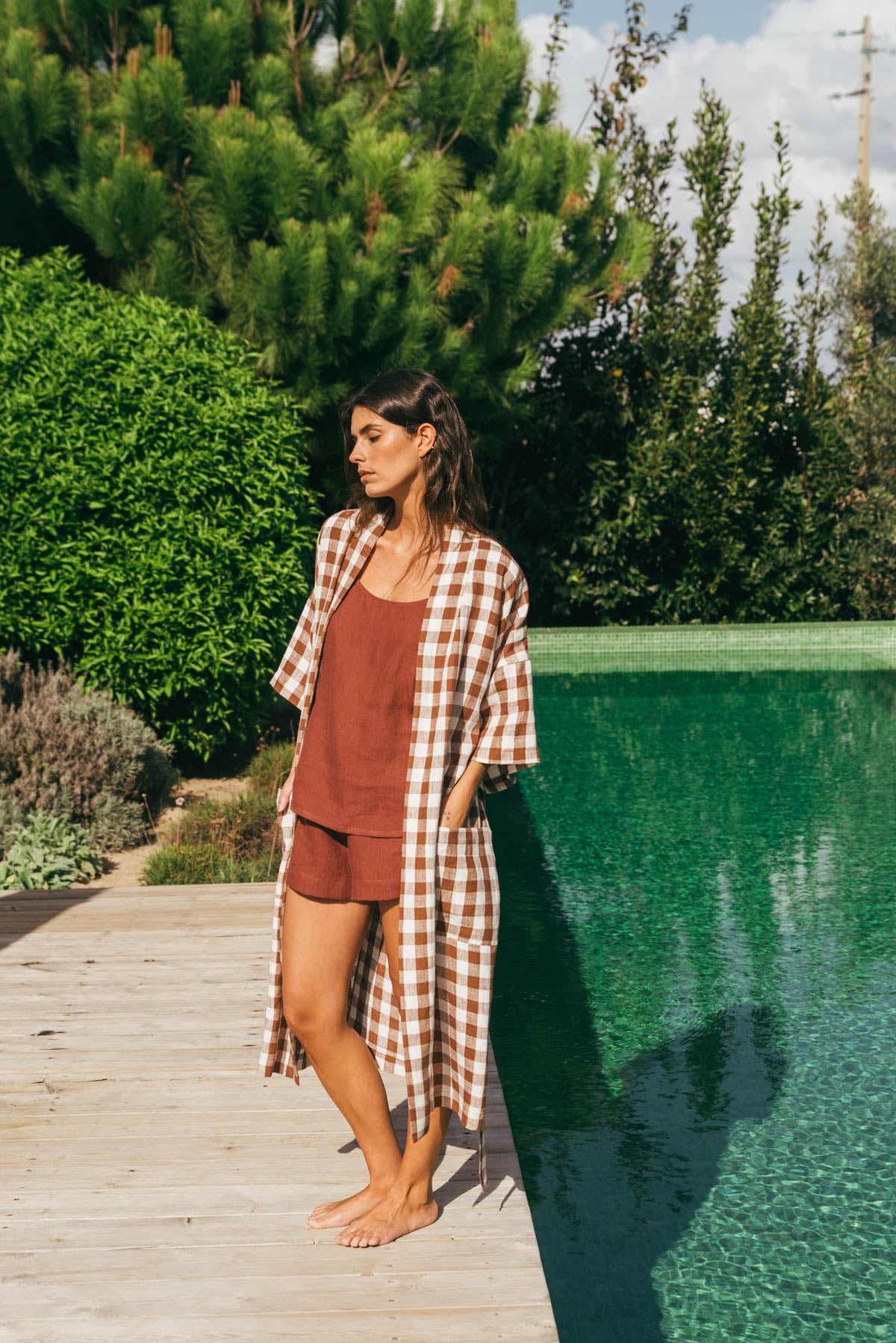 Linen bathrobe Midnight in Mocha Gingham | sale