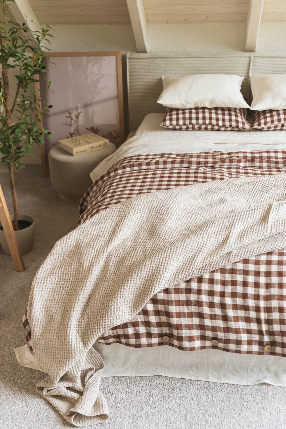AmourLinen Linen bedding set Linen bedding set in Mocha Gingham Linen bedding set in Mocha Gingham