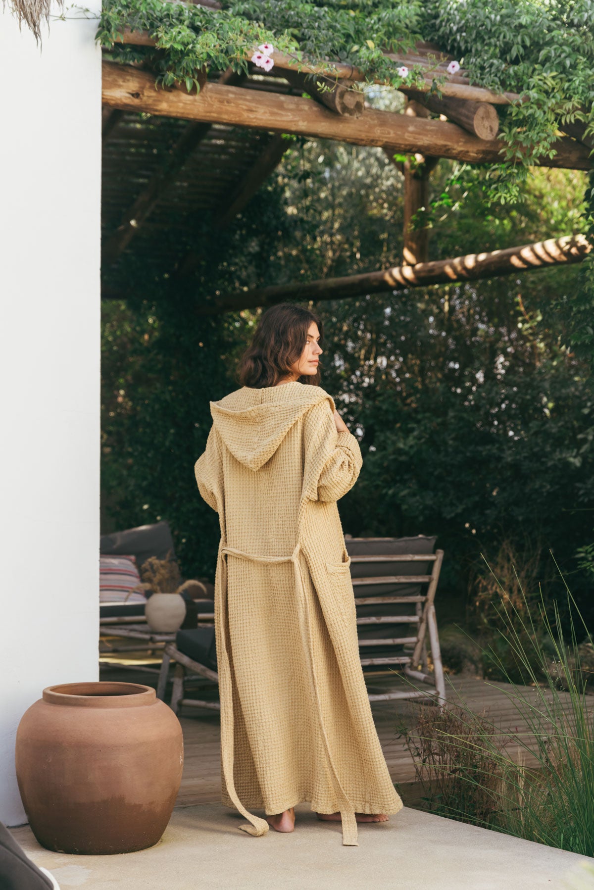 Snuggle linen waffle bathrobe in Mustard