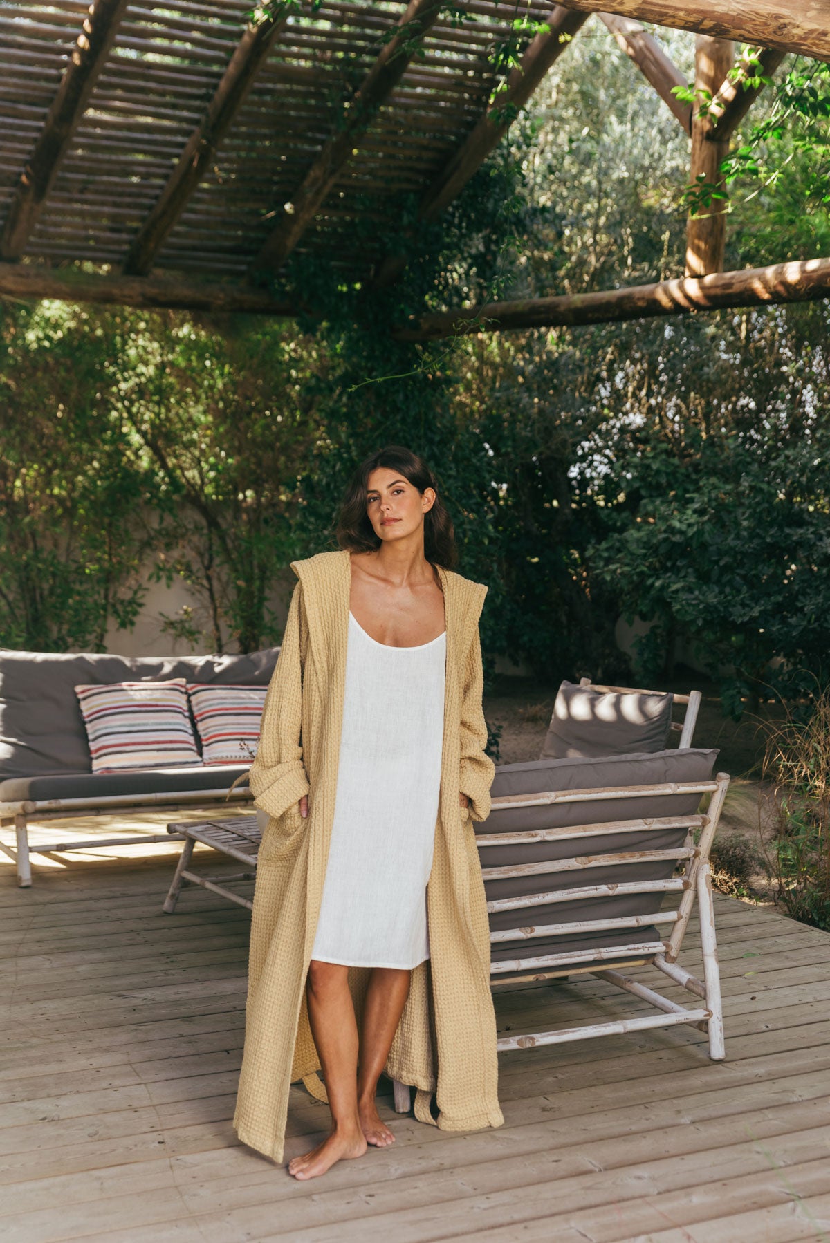 Snuggle linen waffle bathrobe in Mustard