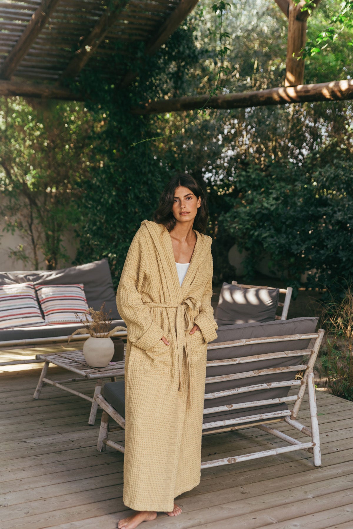 Snuggle linen waffle bathrobe in Mustard