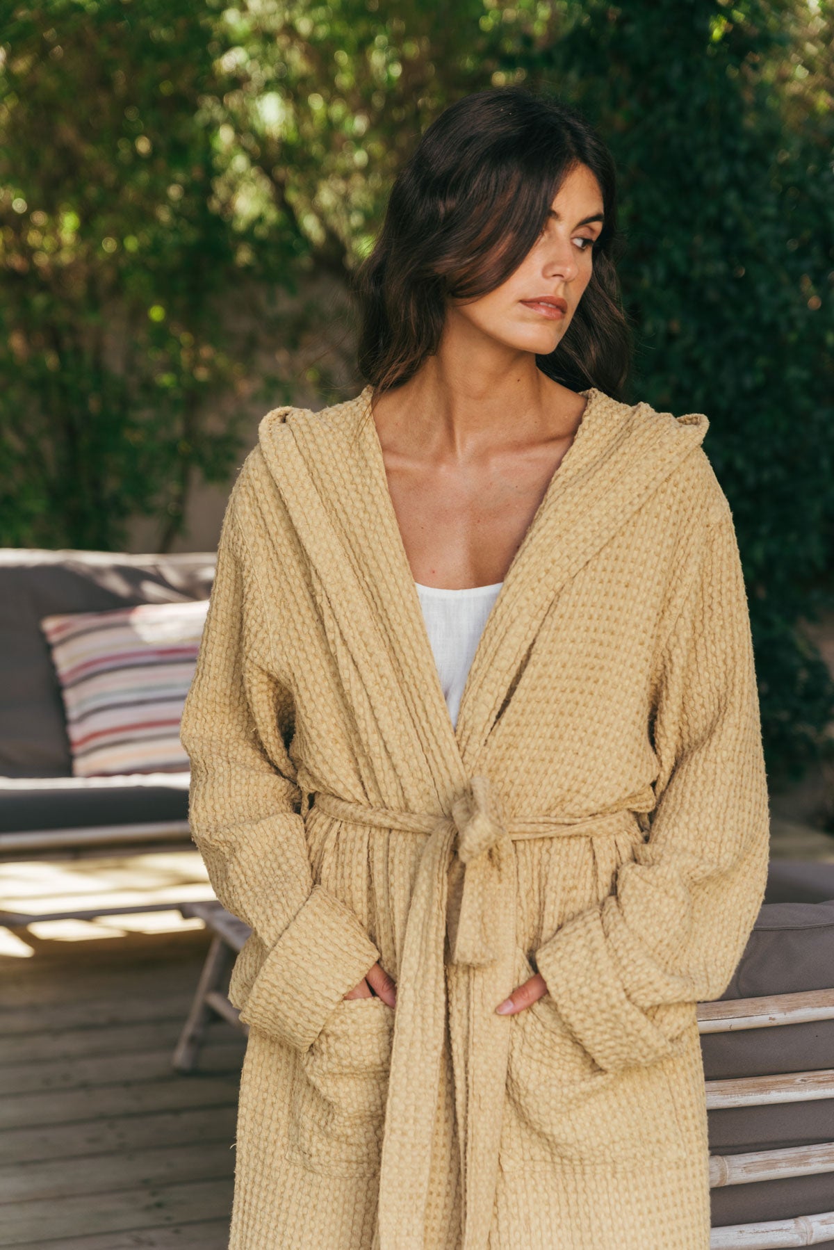 Snuggle linen waffle bathrobe in Mustard