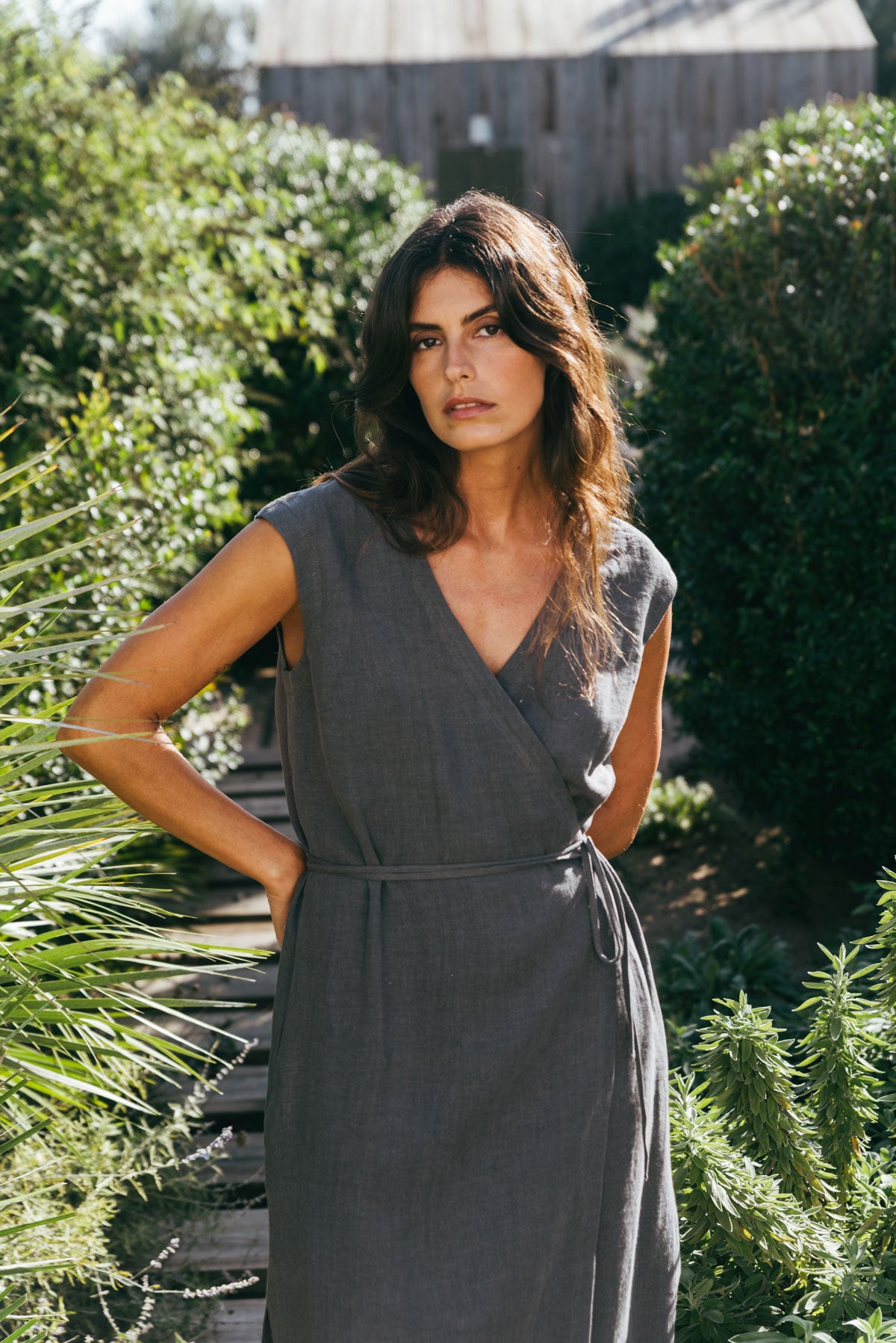 Aurora mid length linen dress in Charcoal