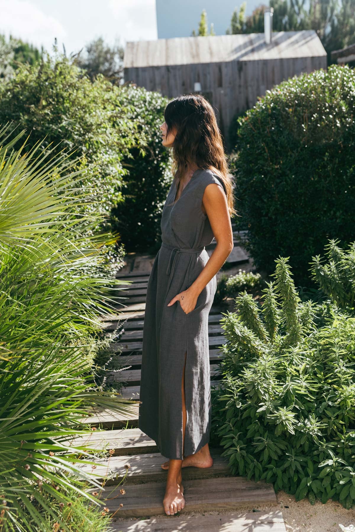 Aurora mid length linen dress in Charcoal