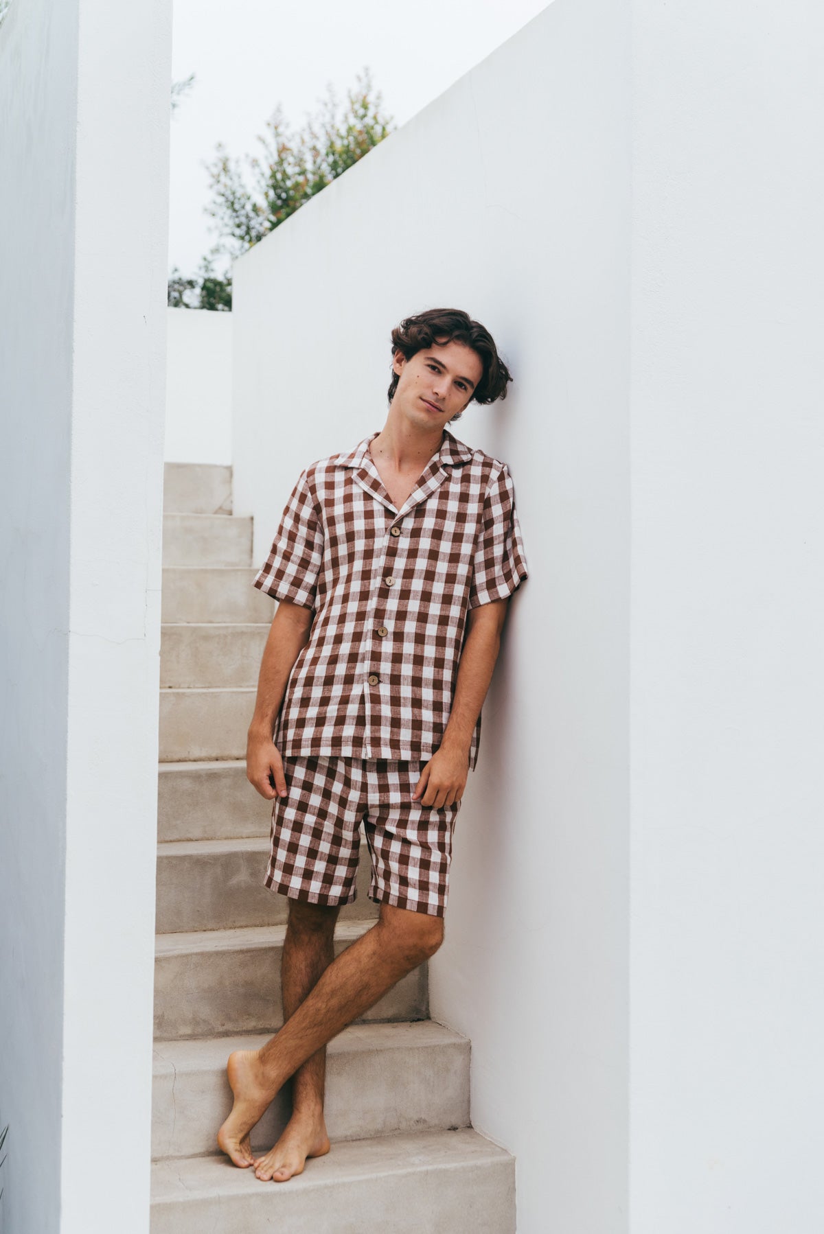 Aspen linen loungewear set in Mocha Gingham