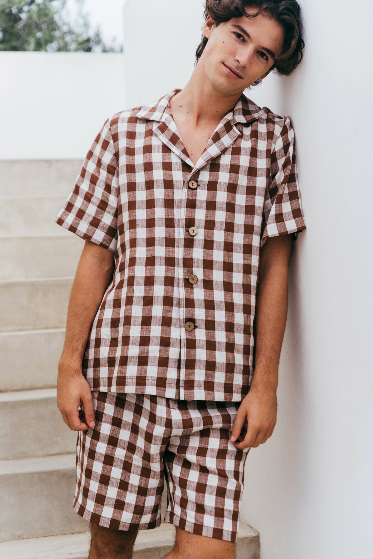 Aspen linen loungewear set in Mocha Gingham