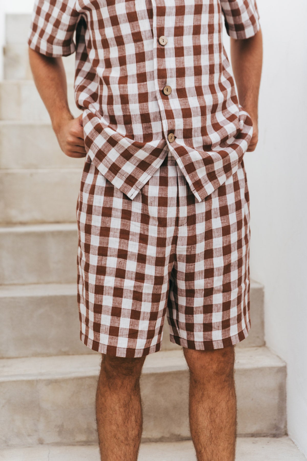 Aspen linen loungewear set in Mocha Gingham