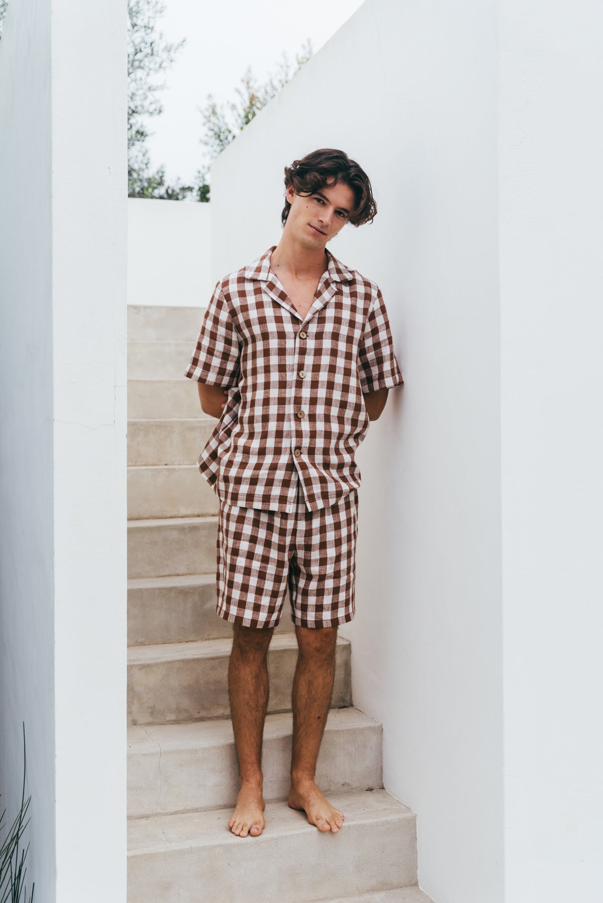 Aspen linen loungewear set in Mocha Gingham