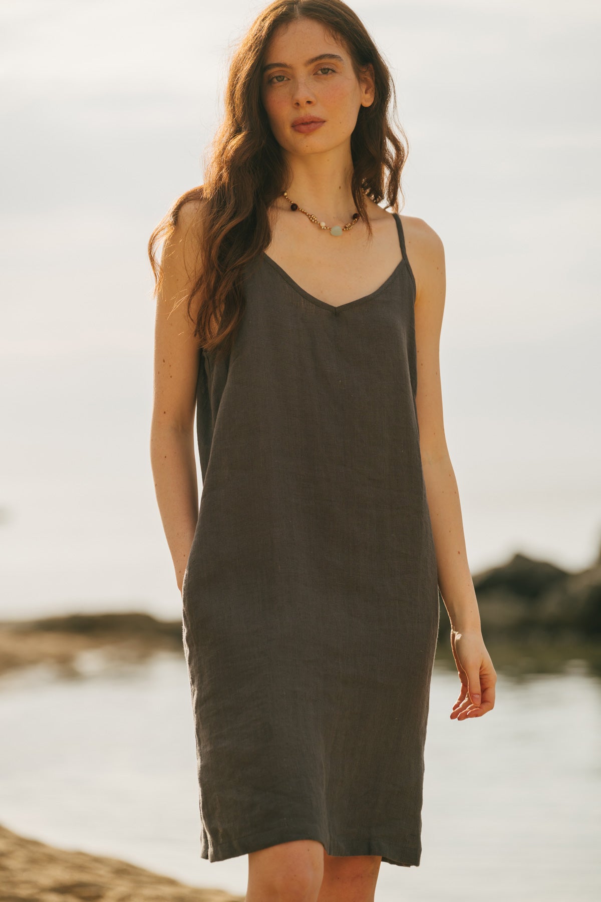 Zoe linen slip dress in Charcoal