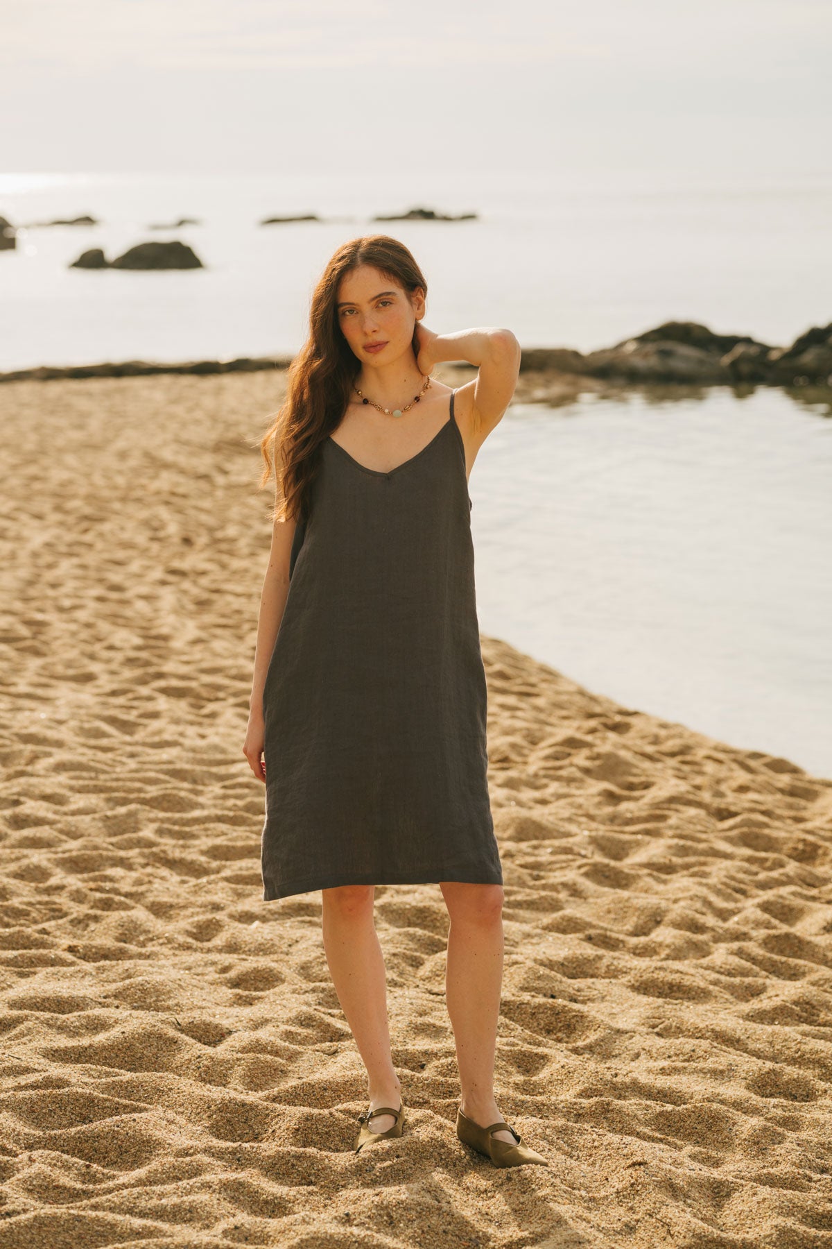 Zoe linen slip dress in Charcoal