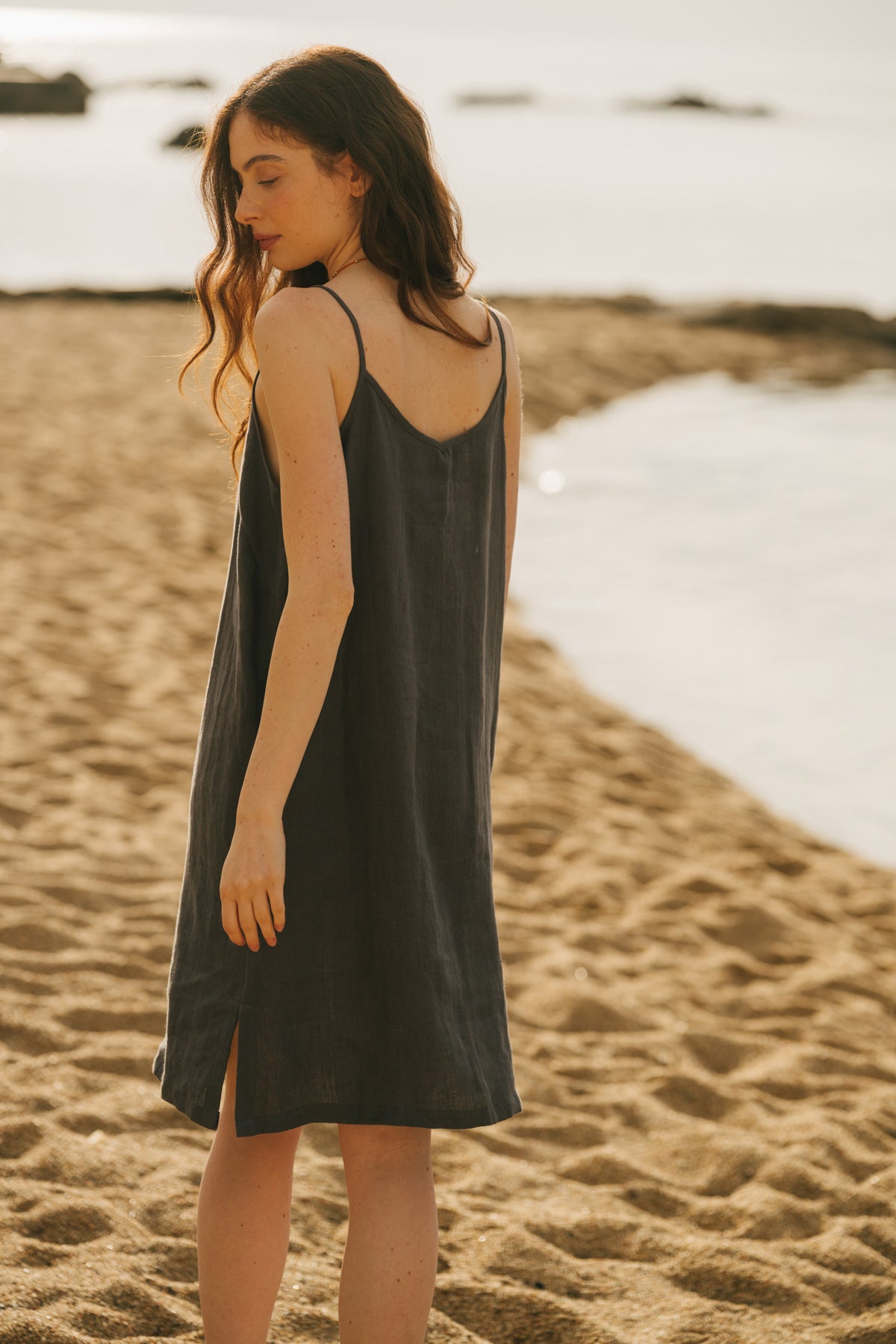 Zoe linen slip dress in Charcoal