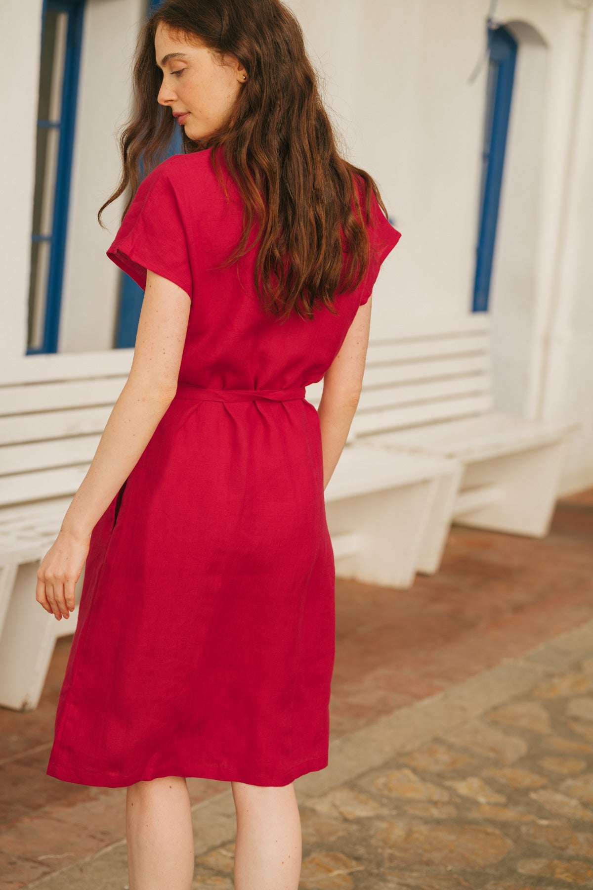 Olivia linen wrap dress in Viva Magenta