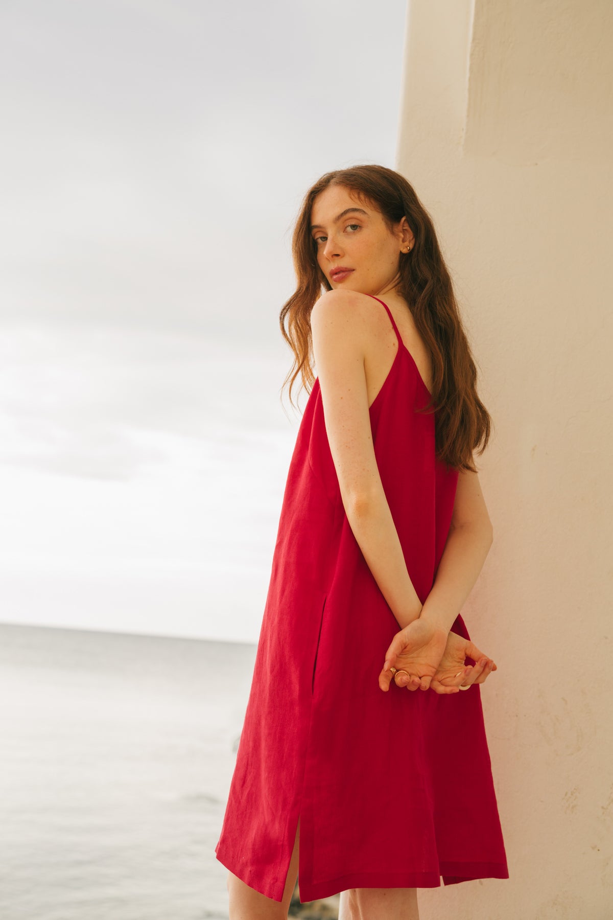 Zoe linen slip dress in Viva Magenta