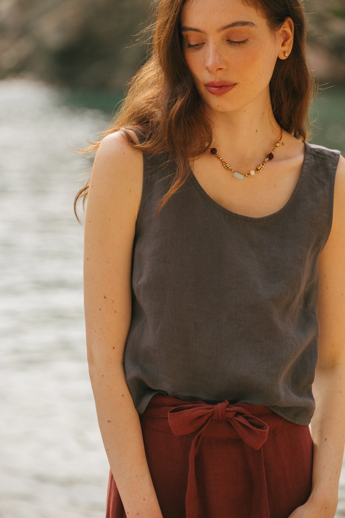 Ella pinafore linen top in Charcoal