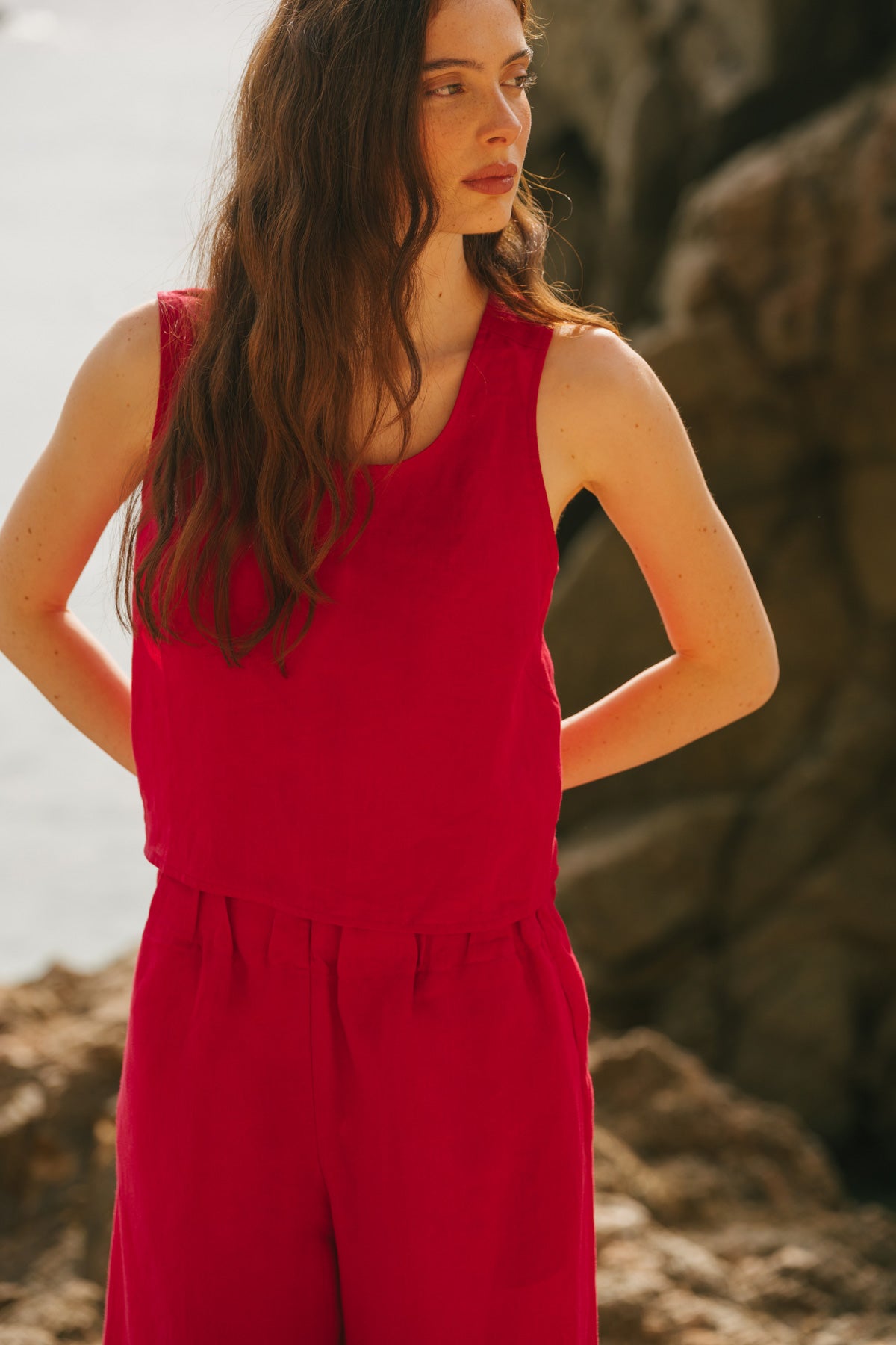 Ella pinafore linen top in Viva Magenta