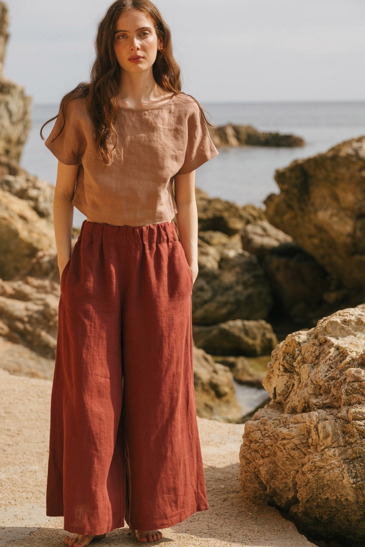 Isabella wide linen pants in Terracotta