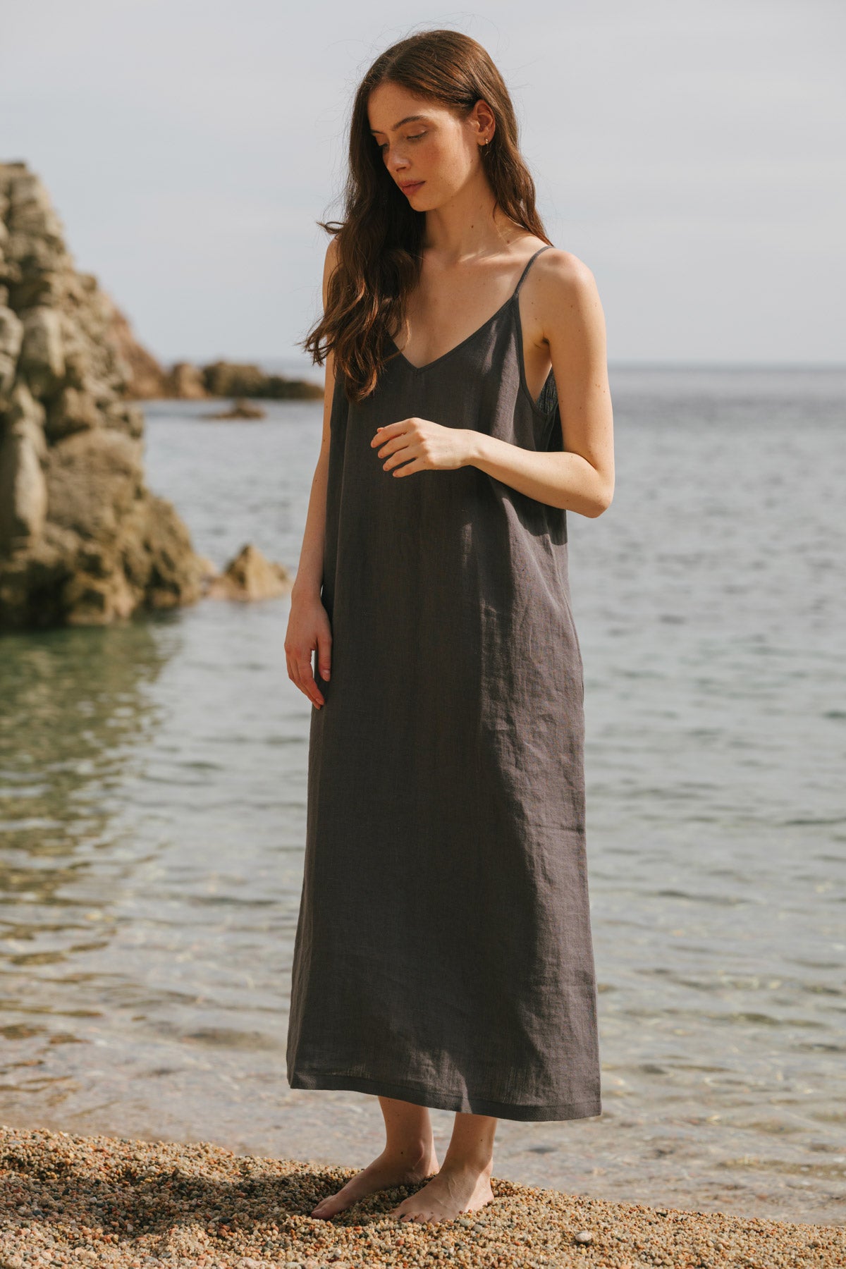 Jakarta long linen dress in Charcoal