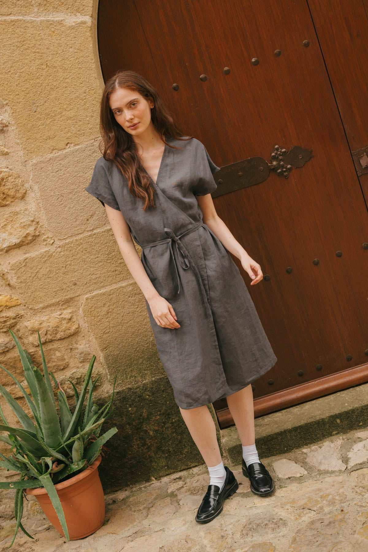 Olivia linen wrap dress in Charcoal