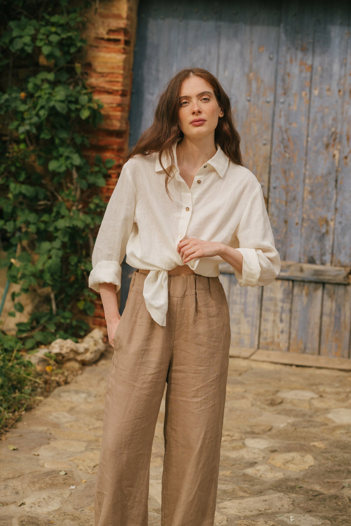 Oulu long linen pants in Rosy Brown