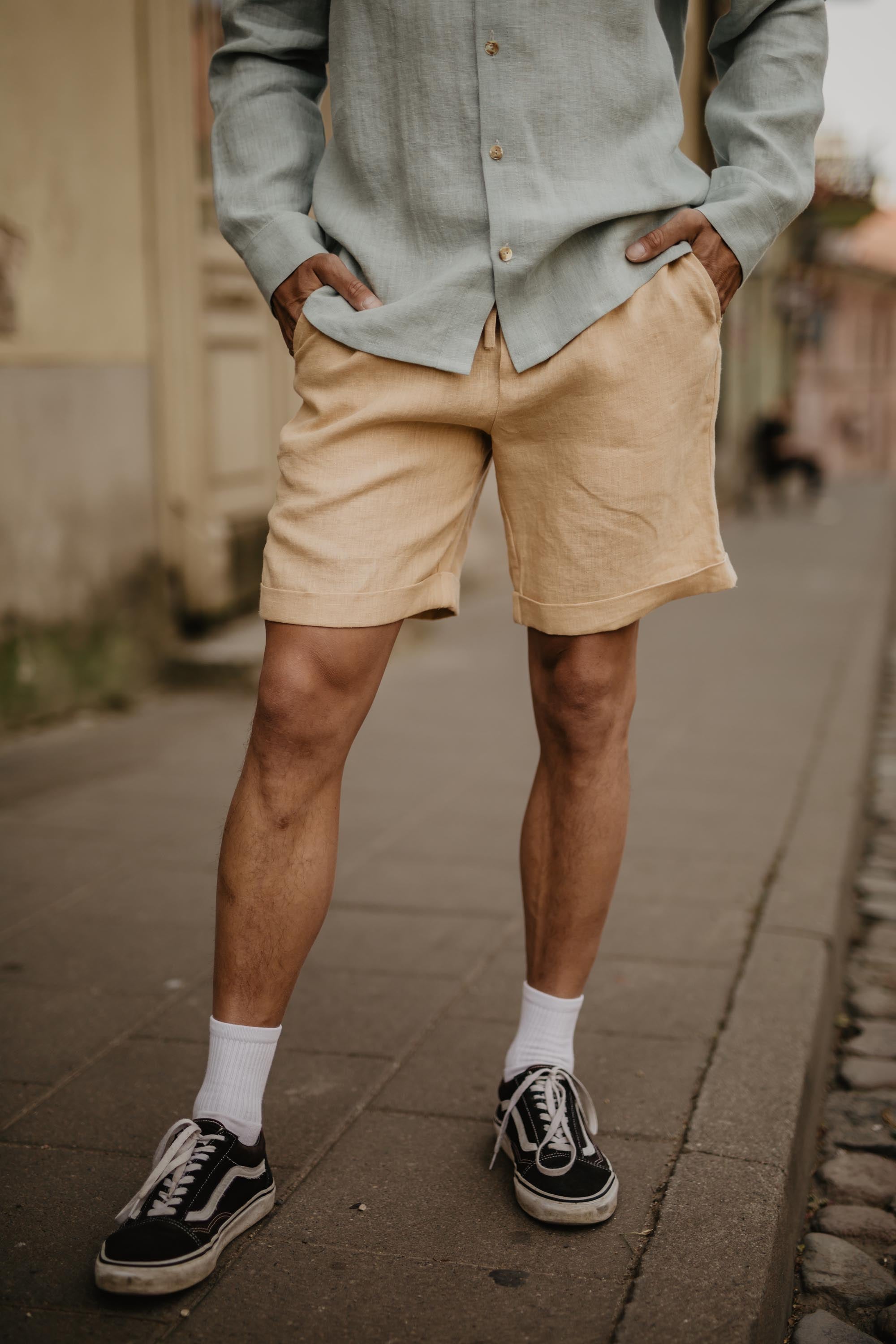 Front View Of Mustard Linen Shorts