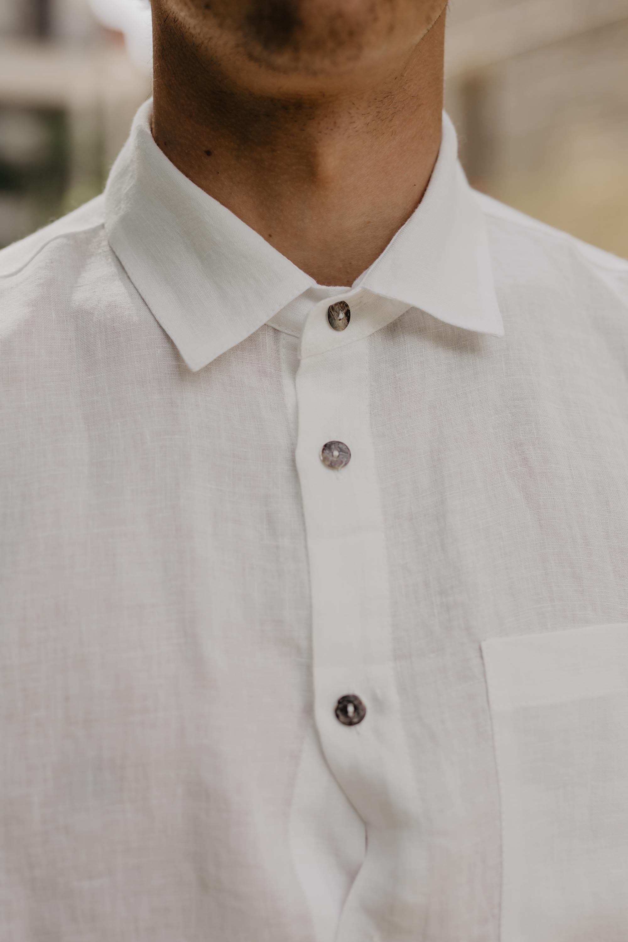 Close Up Of White Oversized Linen Shirt Colar