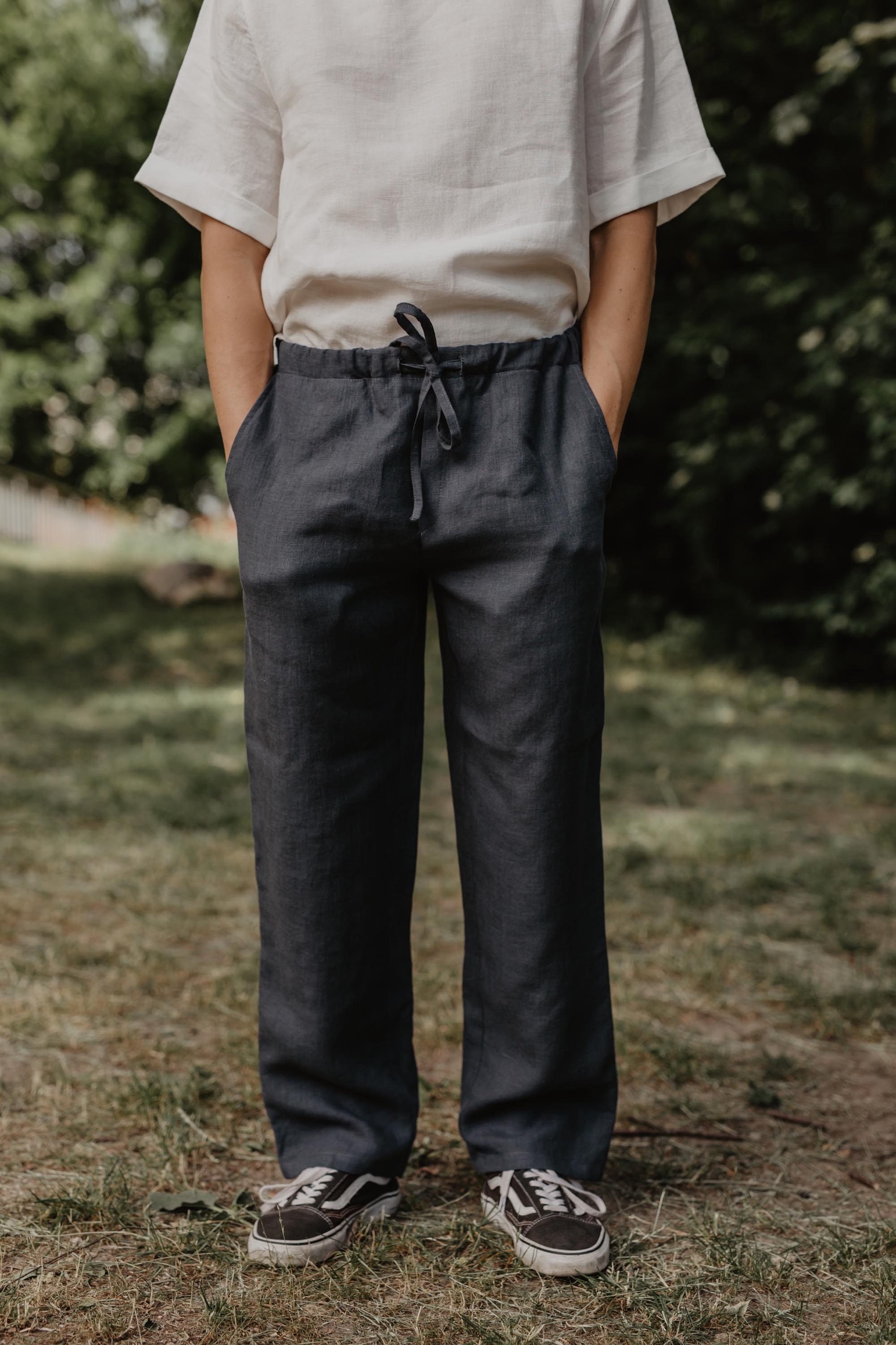 Black Linen Pants With White T shirt In Nature